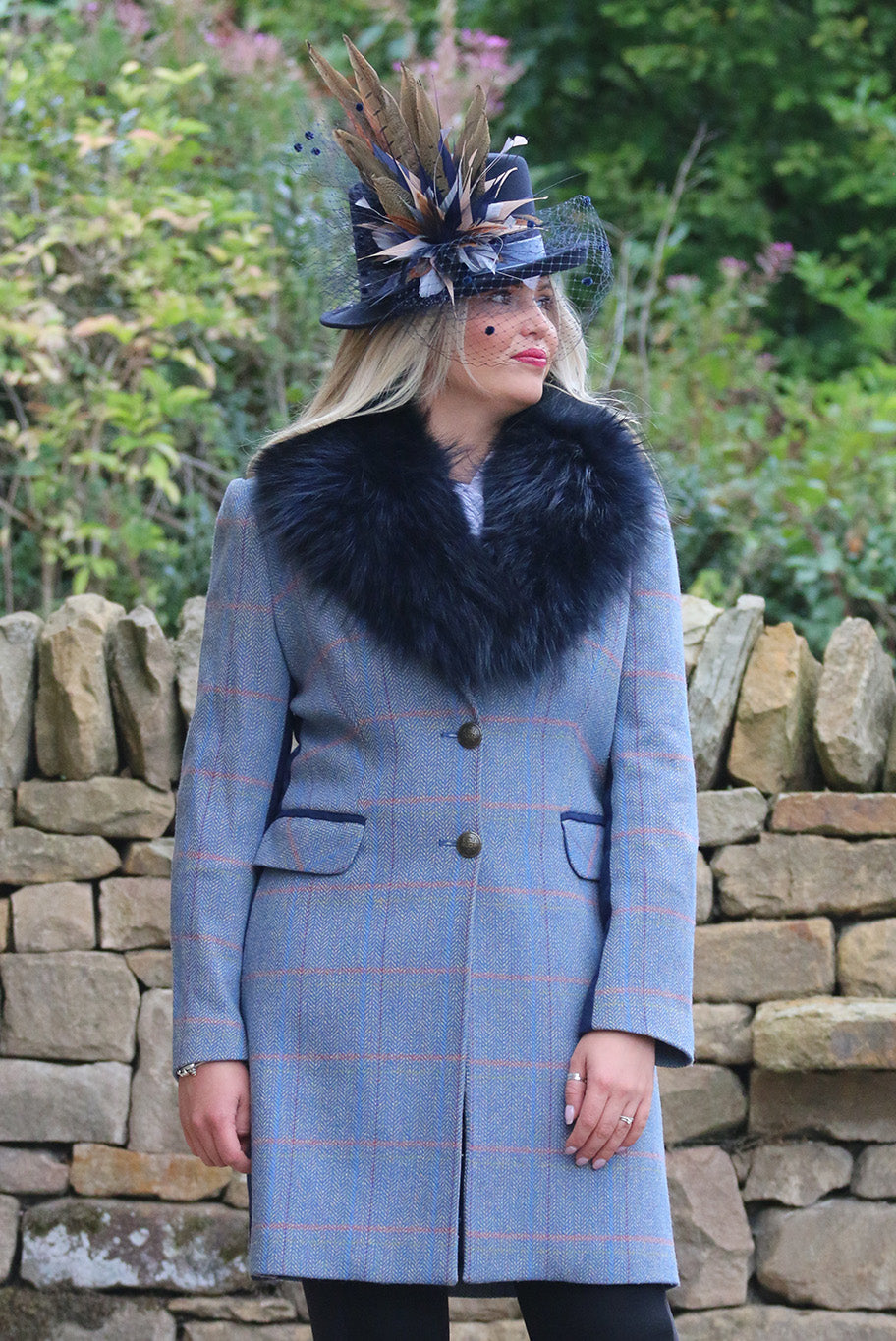 Tweed Wool Coat in Pale Blue with Navy detail