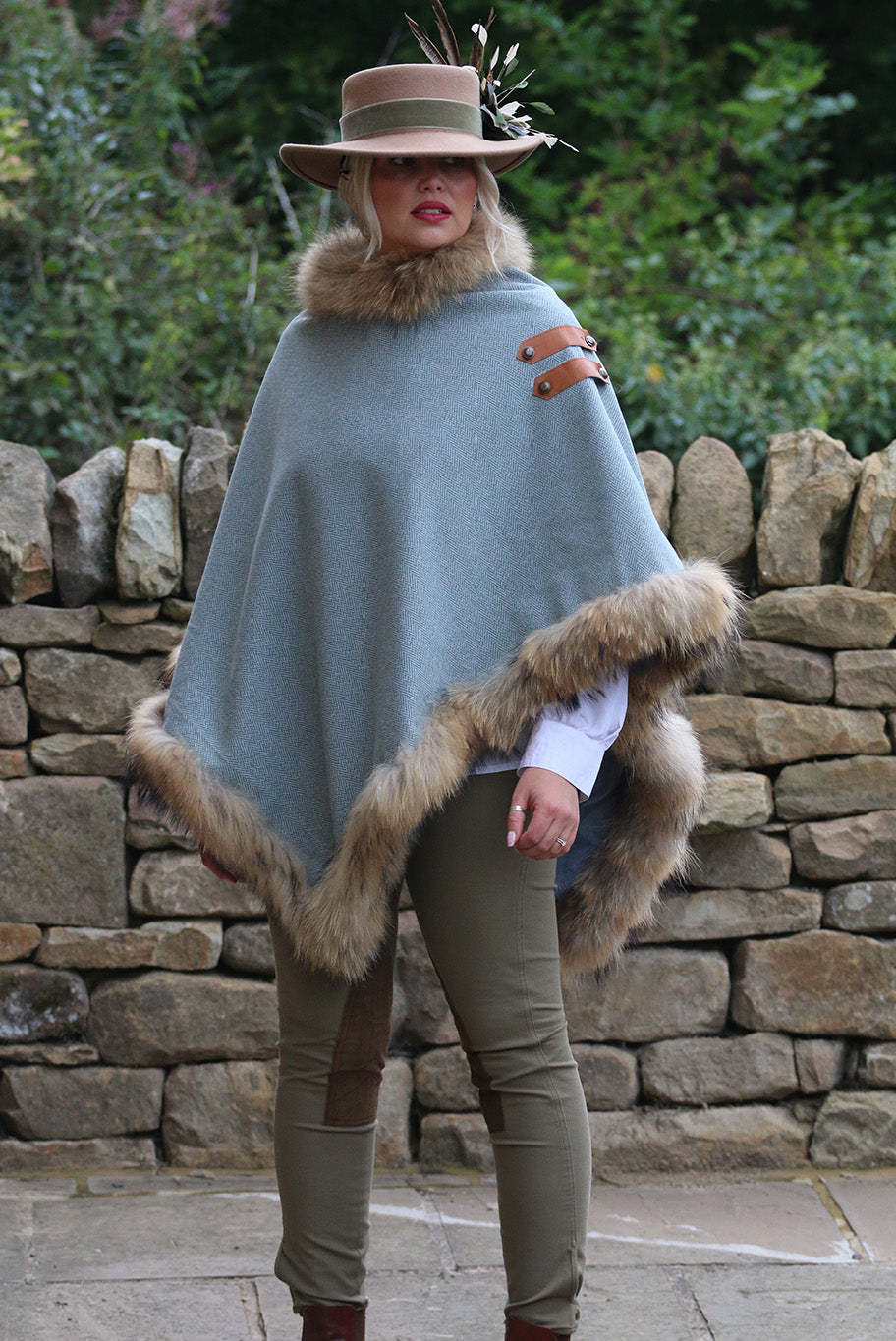 Classic Poncho style cape with reworked natural full fur trim