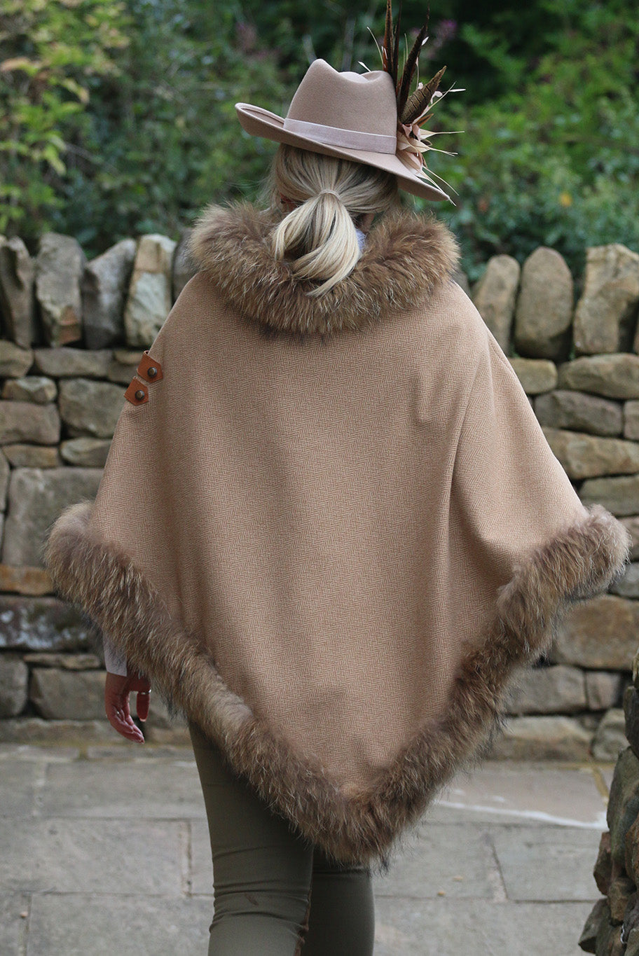 Classic Poncho style cape with reworked natural full fur trim