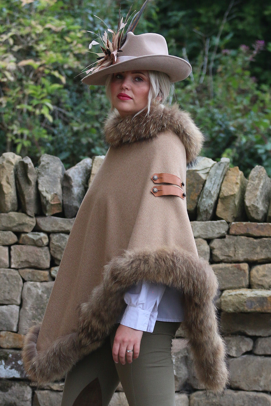 Classic Poncho style cape with reworked natural full fur trim