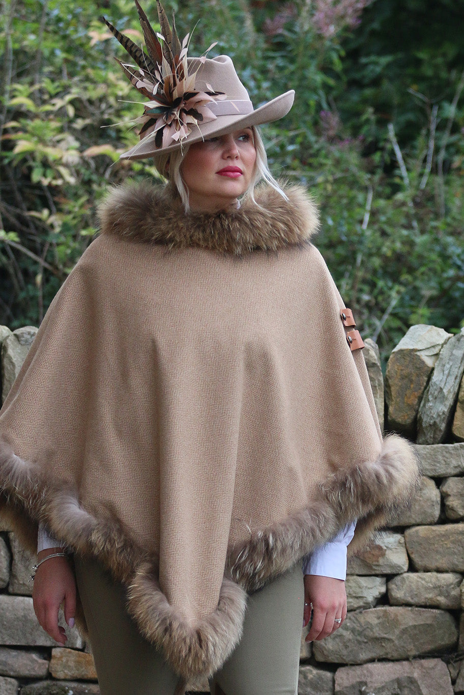 Classic Poncho style cape with reworked natural full fur trim