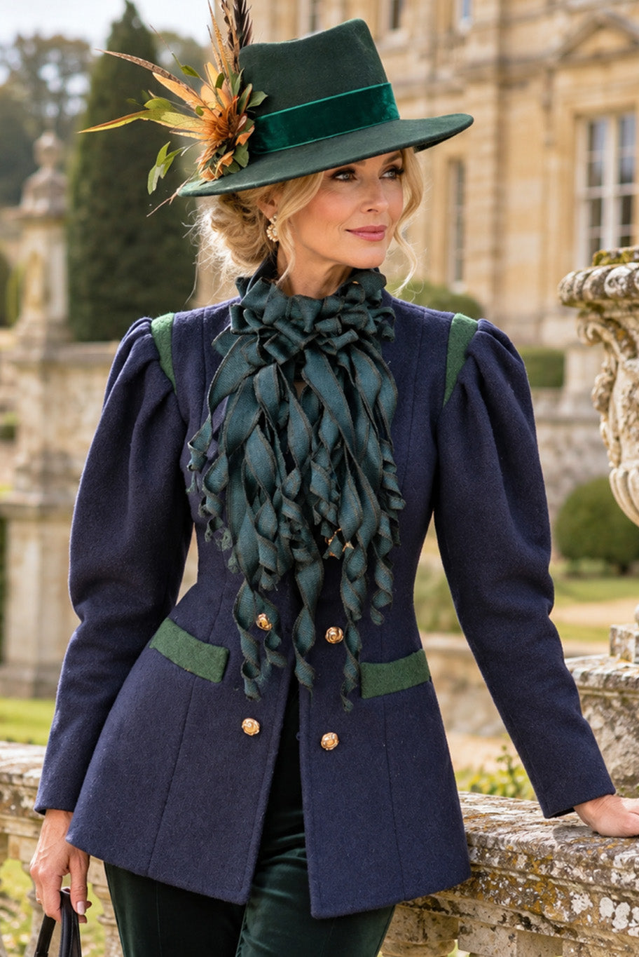 Handmade Jabot neckpiece in dark green checkered tweed