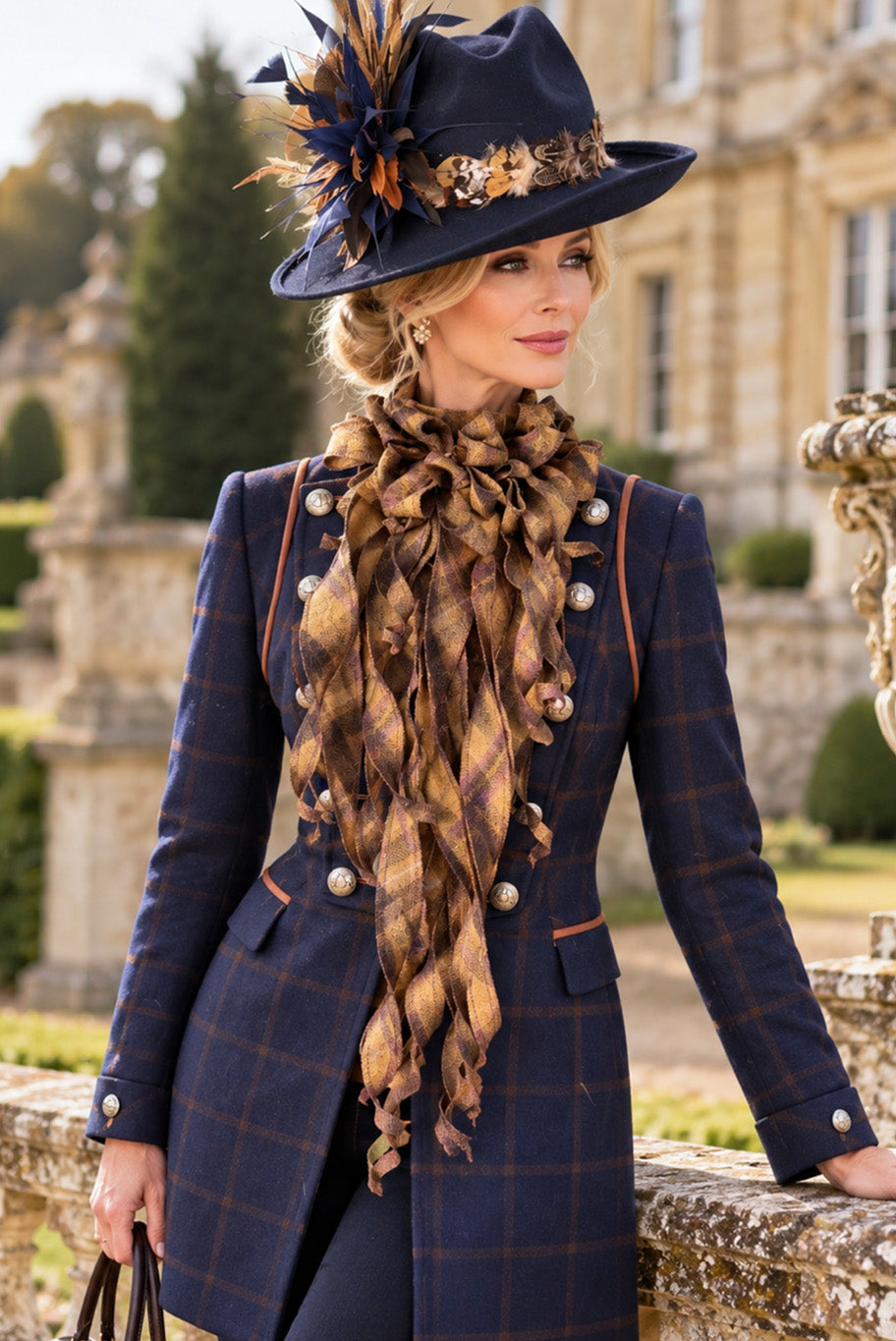 Handmade Jabot neckpiece in light tan and purple checkered tweed