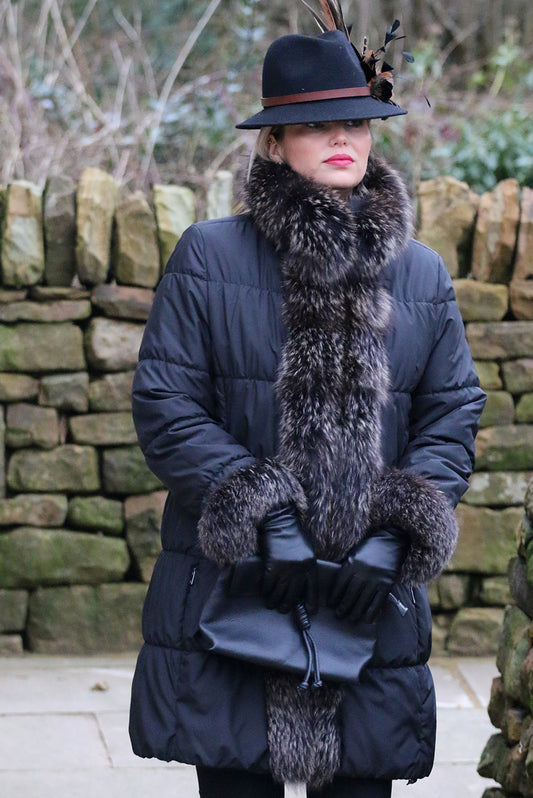 Puffa style coat with silver fox fur trim