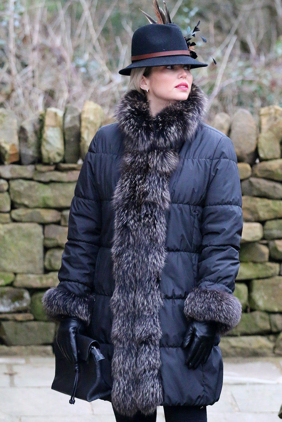 Puffa style coat with silver fox fur trim