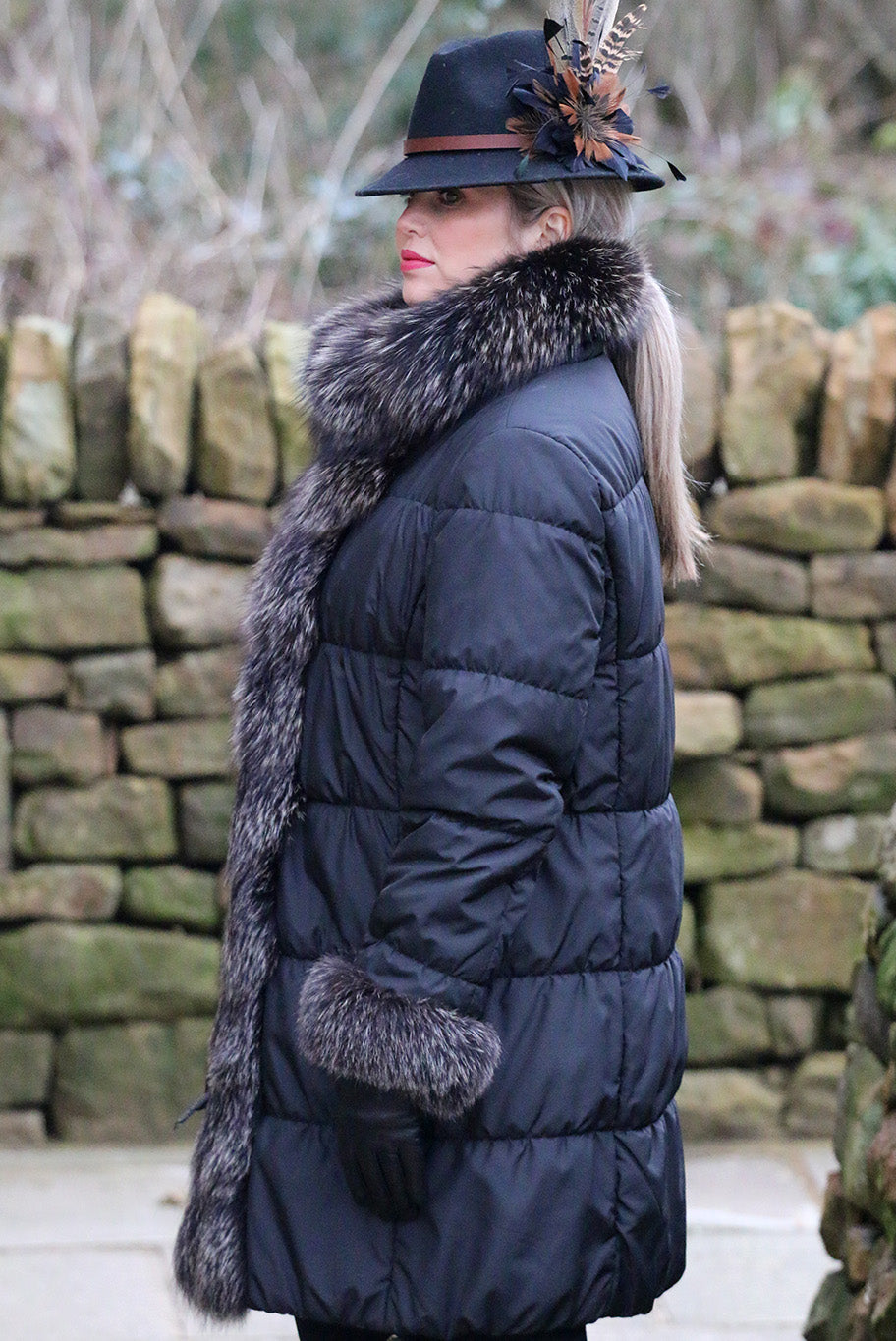 Puffa style coat with silver fox fur trim