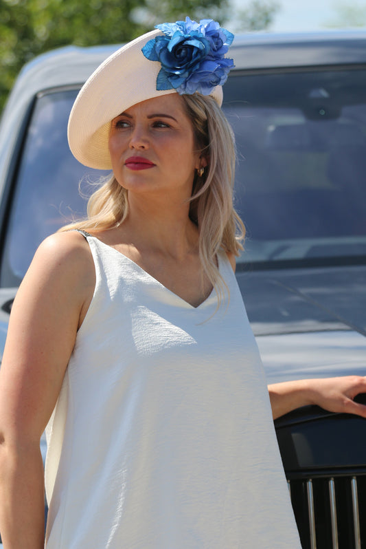 Summer Hat in Cream with cobalt blue detailing