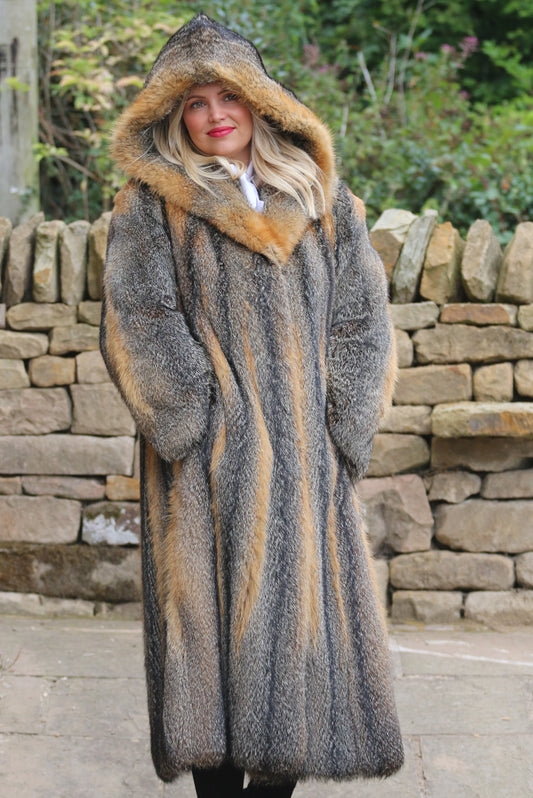 Vintage Grey Fox Fur Hooded Coat