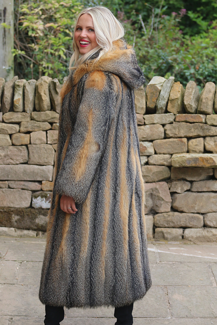Vintage Grey Fox Fur Hooded Coat