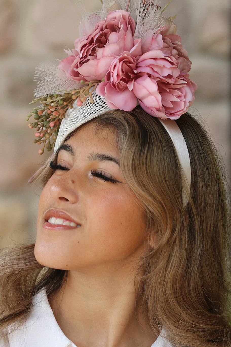 Off white Pillbox style Fascinator with pink Flowers