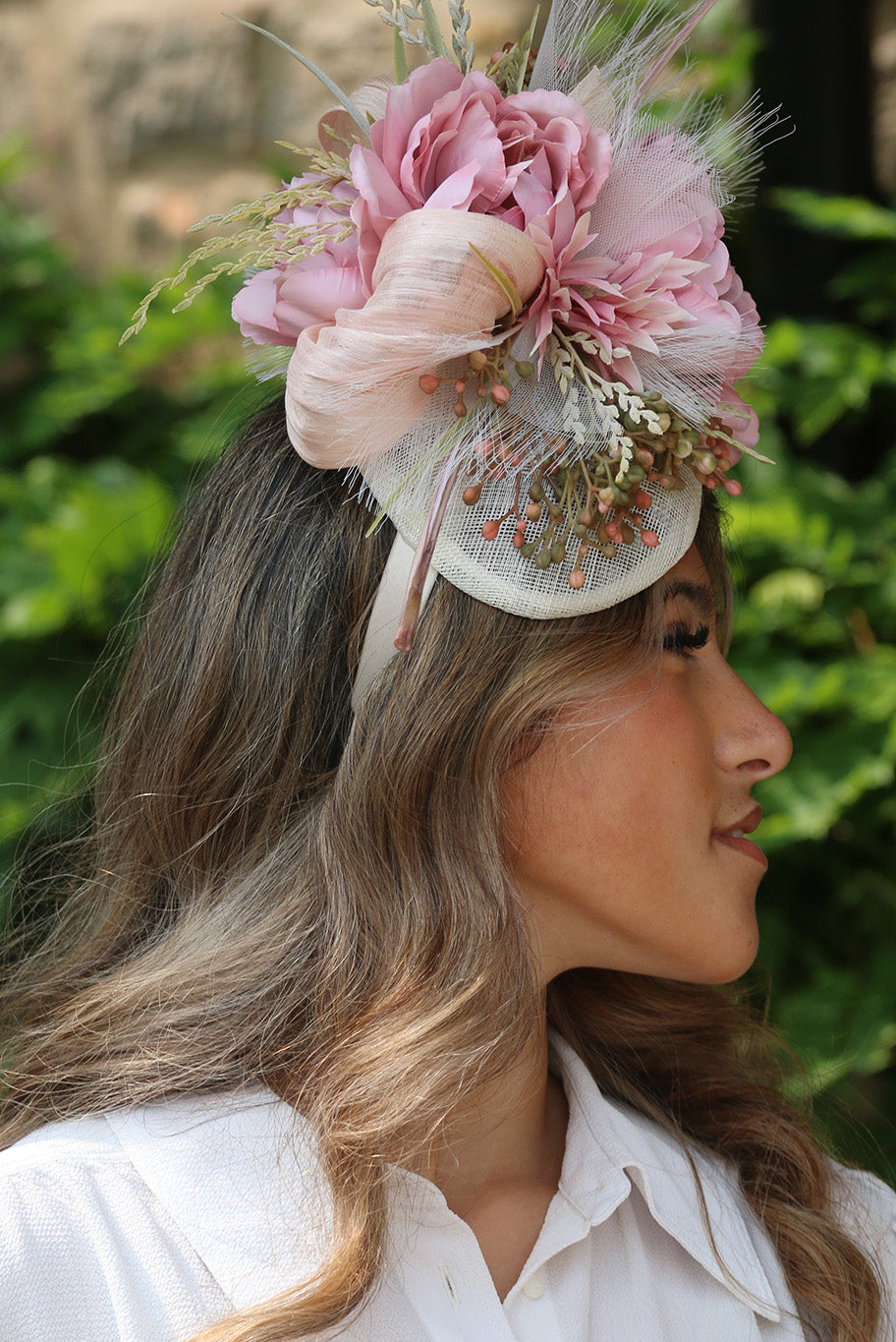 Off white Pillbox style Fascinator with pink Flowers