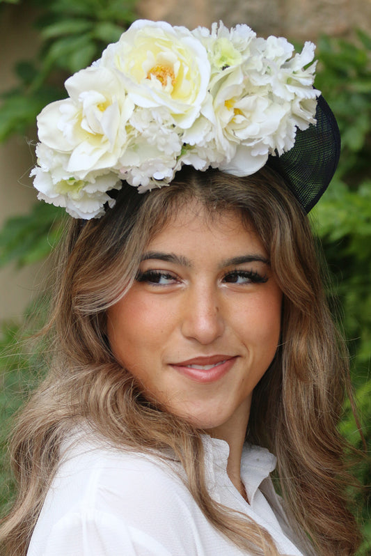 Navy and White flowered Halo style Fascinator