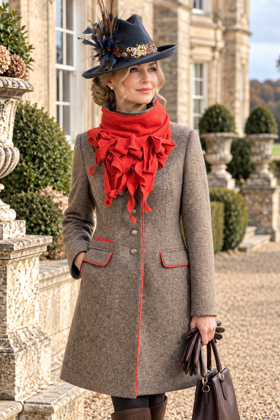 Reloved long Tan jacket with orange piping, jabot and side sweep fedora set