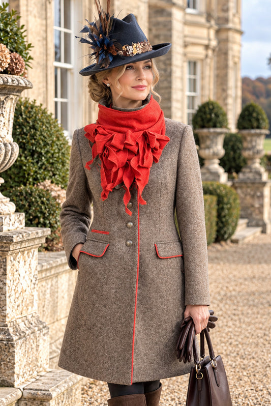 Reloved long Tan jacket with orange piping, jabot and side sweep fedora set