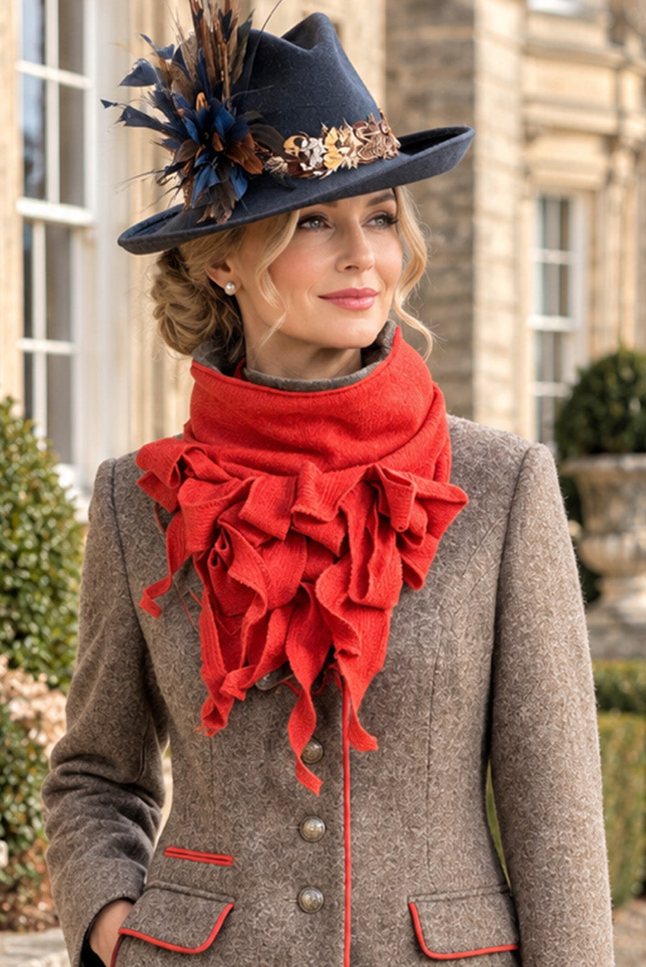 Handmade Jabot neckpiece in burnt orange tweed