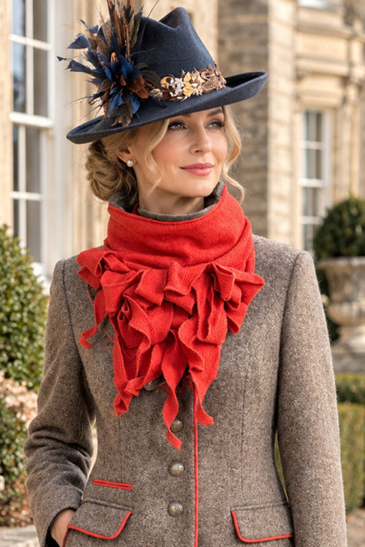 Handmade Jabot neckpiece in burnt orange tweed