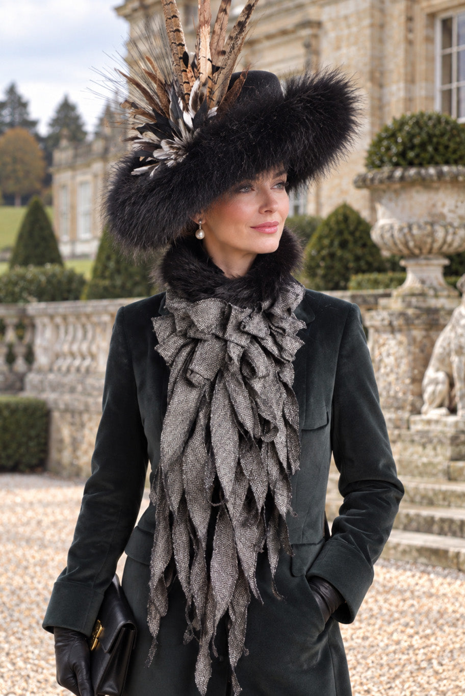 Reloved black velvet jacket, fur rimmed jabot and fedora set