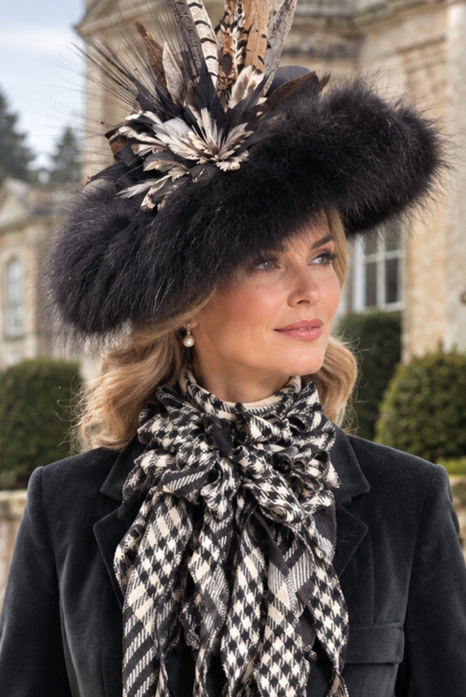 Handmade Jabot neckpiece in large checkered black and white tweed