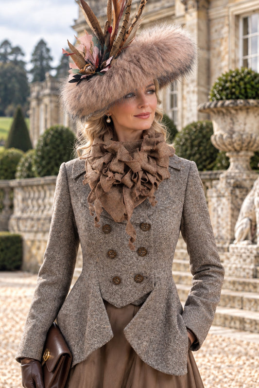 Reloved light brown tweed jacket, tan tweed jabot and fur rimmed fedora set