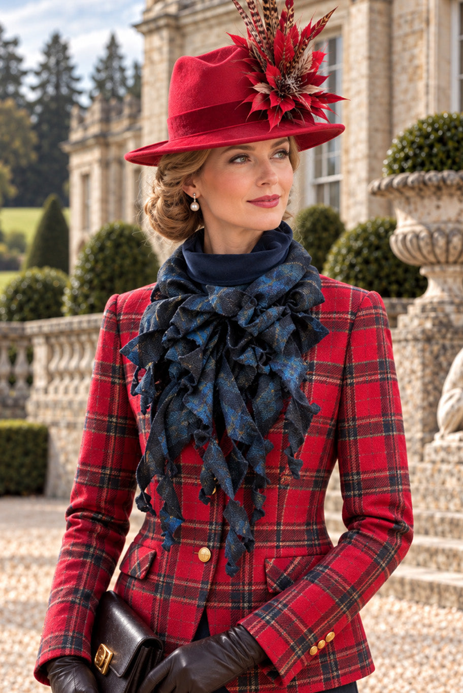 Reloved checkered red tweed jacket, navy tweed jabot and classic fedora set