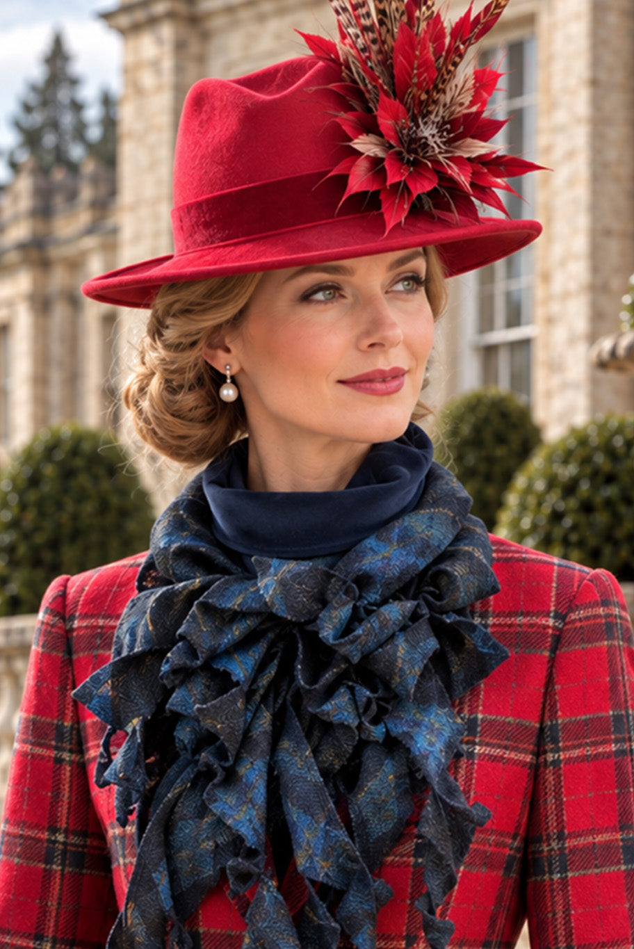 Handmade Jabot neckpiece in blue checkered tweed