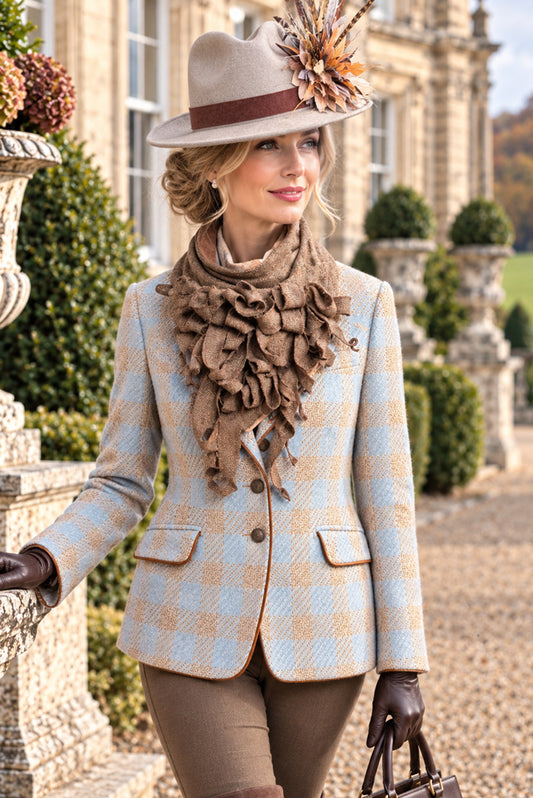 Reloved checkered pale blue tweed jacket, light brown tweed jabot and classic fedora set