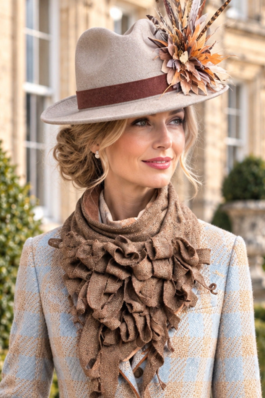 Handmade Jabot neckpiece in light brown tweed