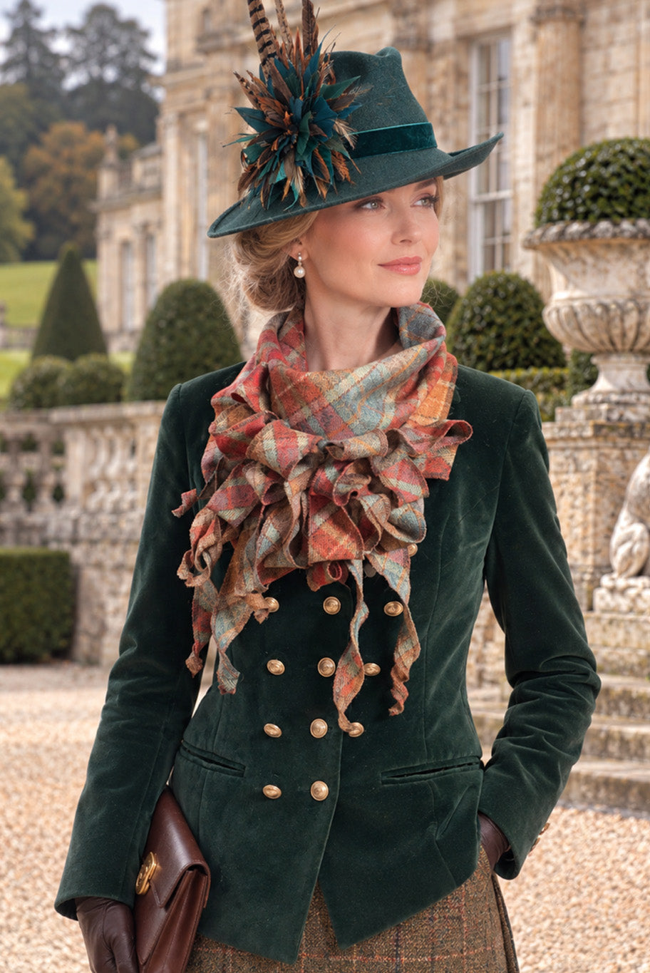 Reloved bottle green velvet jacket, checkered tweed jabot and classic side sweep fedora set