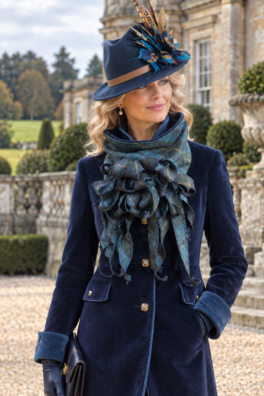 Reloved navy blue velvet jacket, checkered tweed jabot and classic fedora set