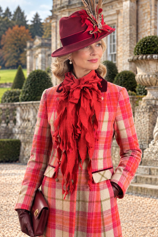 Reloved strawberry red checkered tweed jacket, tweed wool jabot and classic fedora set
