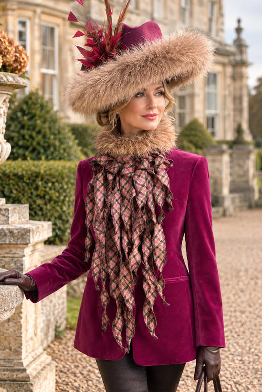 Reloved magenta pink velvet jacket, checkered tweed wool jabot and classic fur trimmed side sweep fedora set