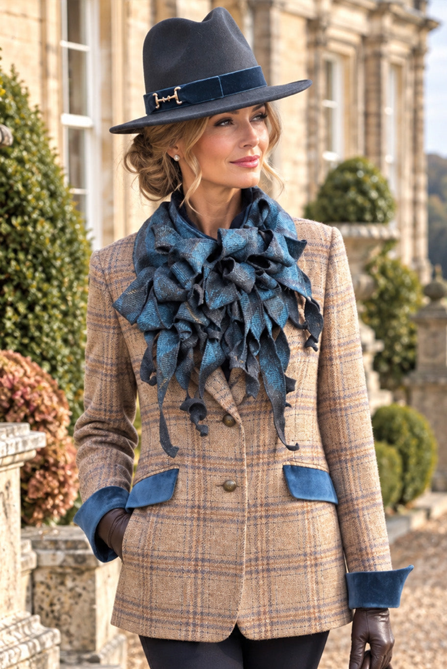 Reloved tan checkered tweed jacket, blue checkered tweed wool jabot and classic blue fedora set