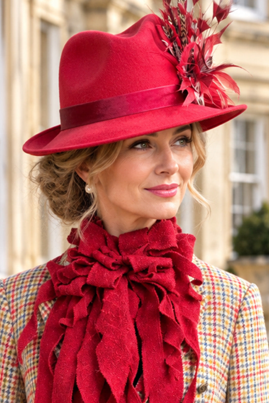 Handmade Jabot neckpiece in bright red tweed