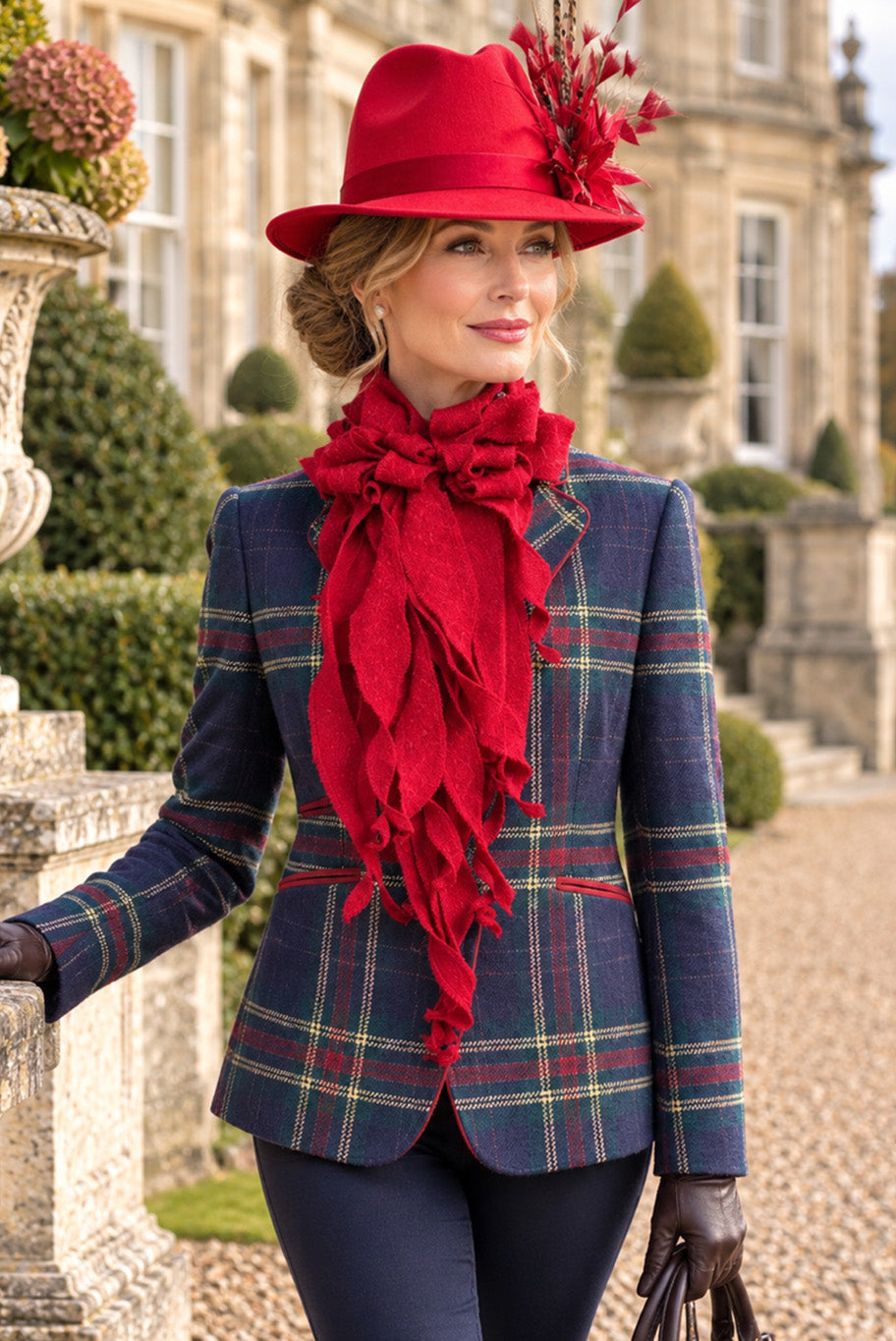Reloved navy blue checkered tweed jacket, deep red tweed wool jabot and classic red fedora set (Copy)