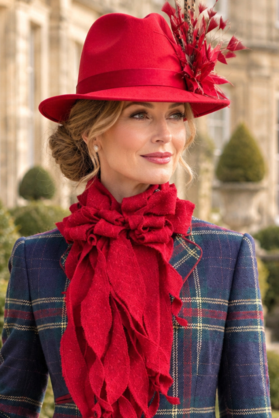 Handmade Jabot neckpiece in bright red tweed