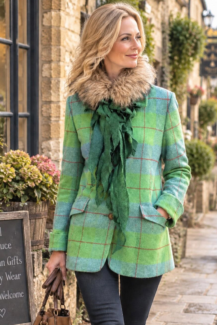 Reloved long pale green checkered tweed jacket , fur trimmed jabot in emerald green