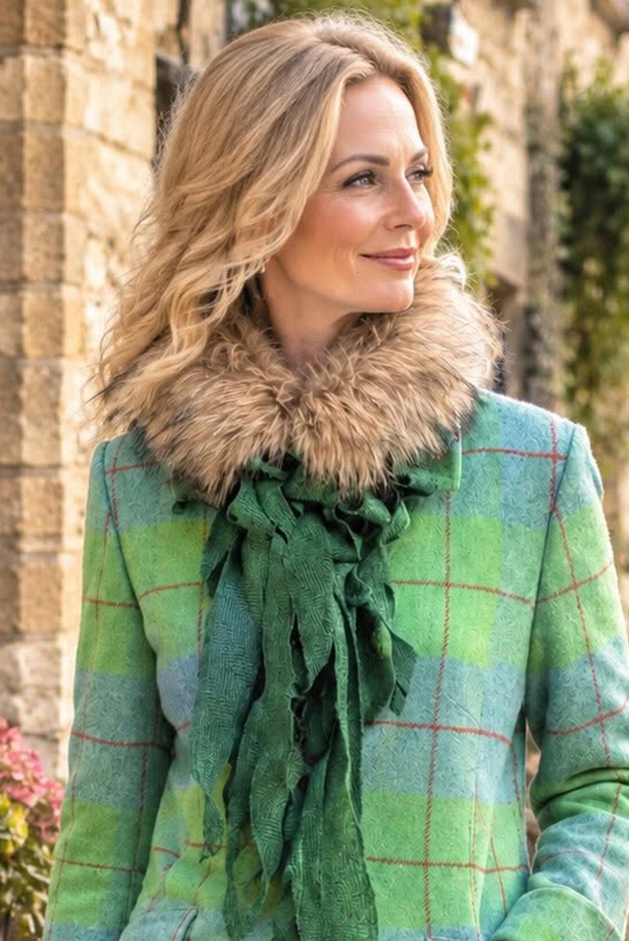 Handmade Jabot neckpiece in emerald green tweed and fox fur trim