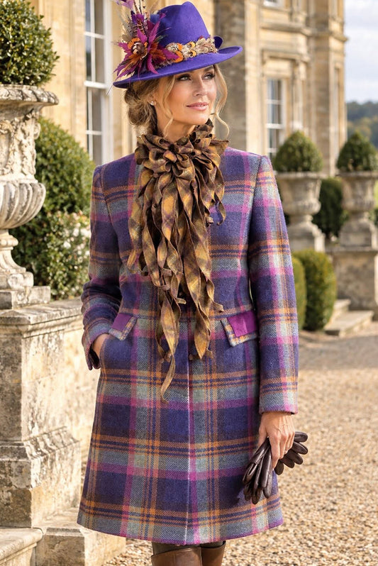 Reloved purple and pink checkered long tweed jacket, checkered tweed wool jabot and bright purple wool fedora hat