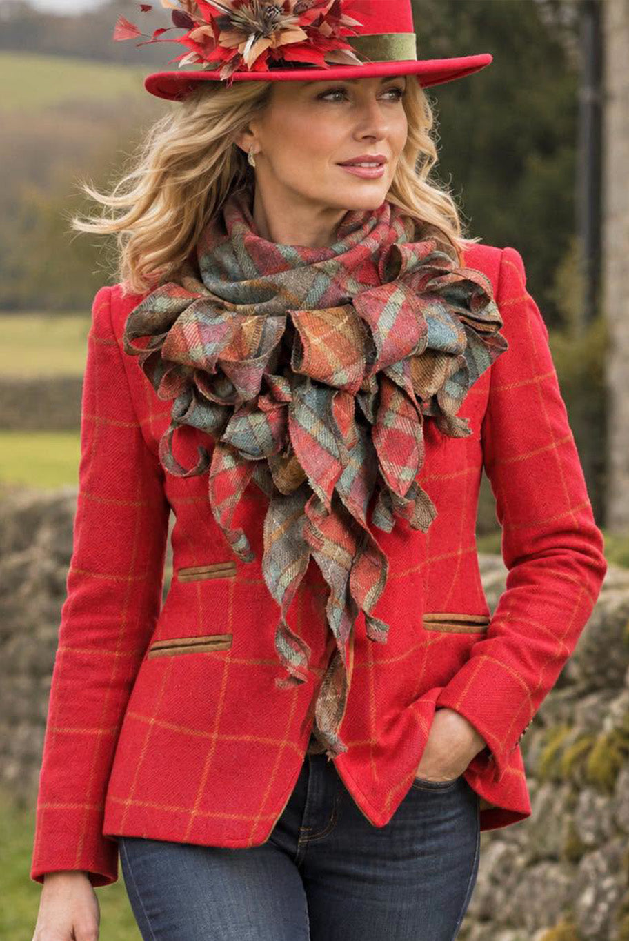 Reloved bright red checkered tweed jacket, checkered tweed wool jabot and bright red wool fedora hat