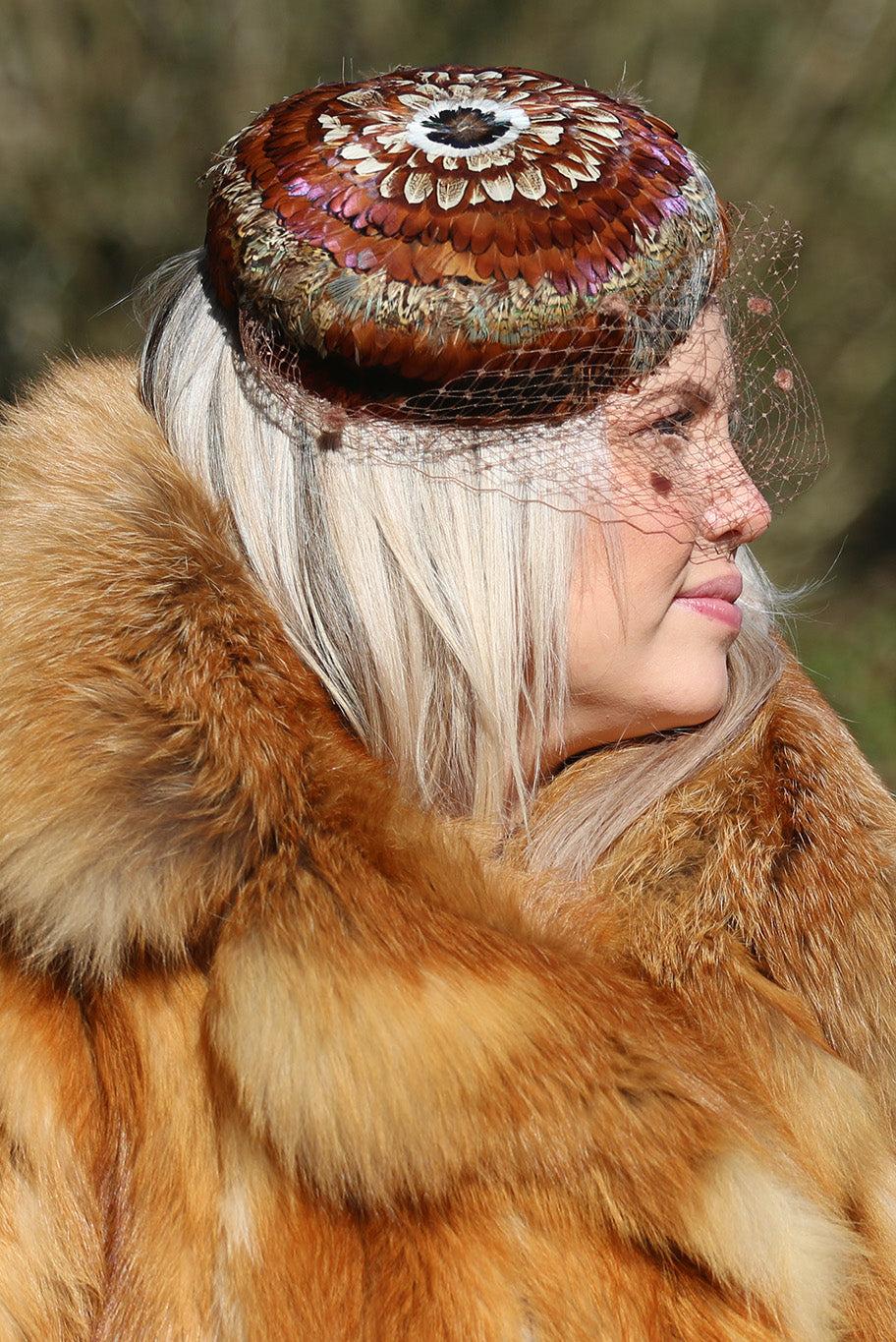 Game Feather covered Pill Box style hat