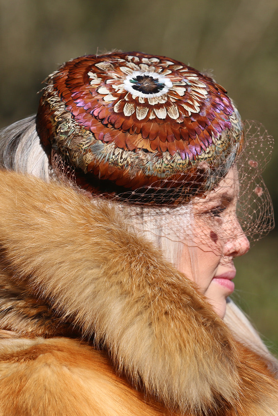 Game Feather covered Pill Box style hat