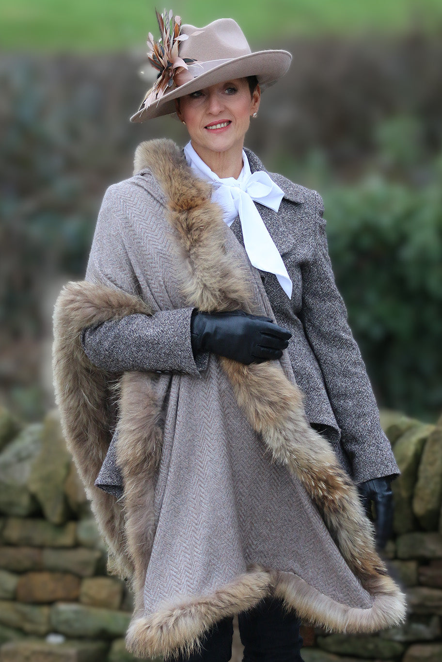 Herringbone and vintage fox fur wrap