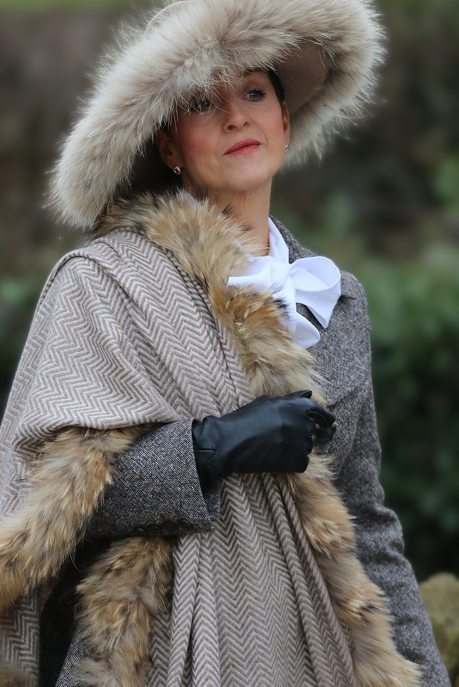Herringbone and vintage fox fur wrap