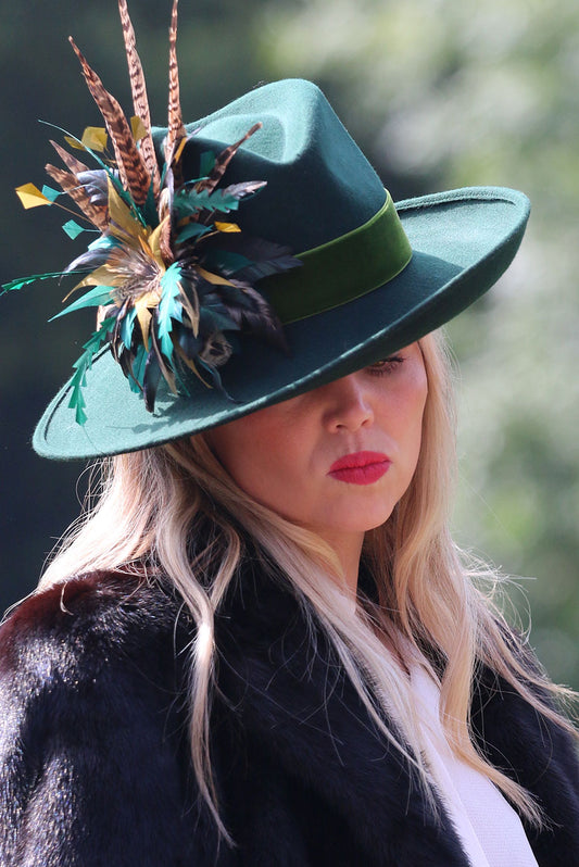 Hand blocked Fedora Wool Hat with Game Feather detail in Green