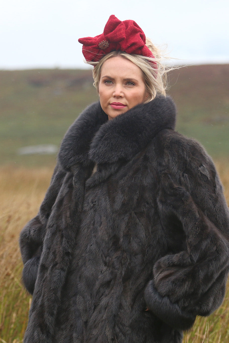 Tweed headband in red with vintage garnet brooch