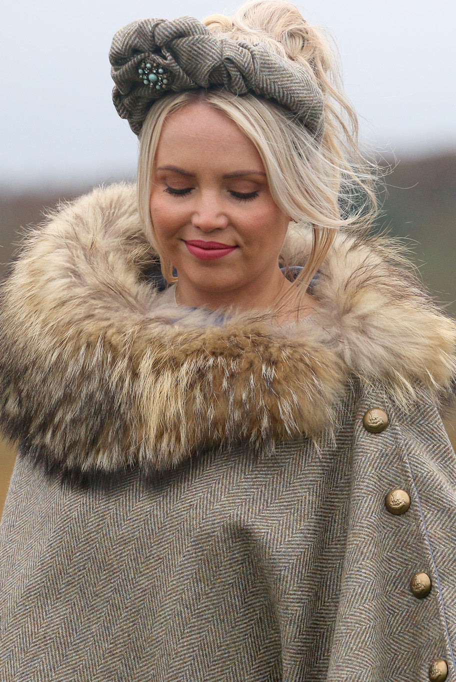 Tweed headband with vintage brooch