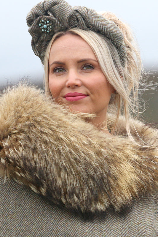 Tweed headband with vintage brooch