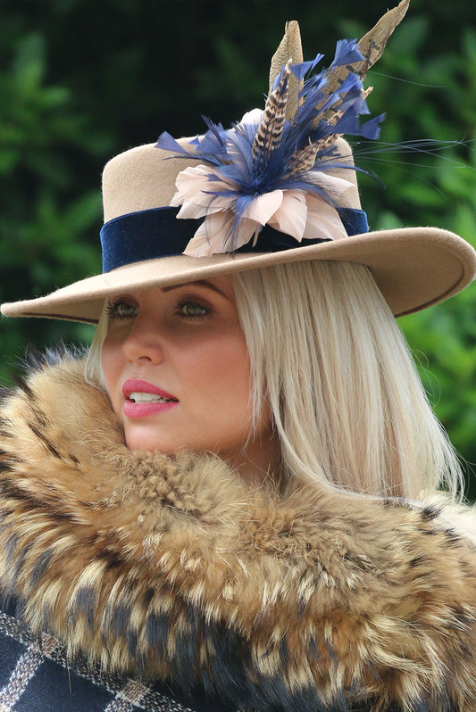 Fedora Wool Hat with Game Feather detail in camel