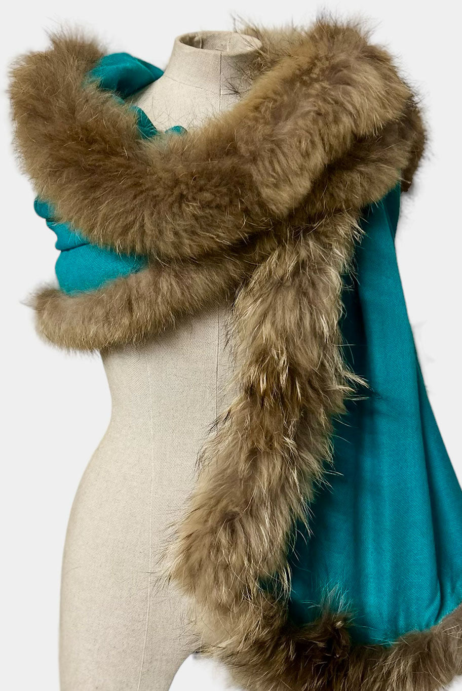 Cashmere and reworked fur trim shawl wrap