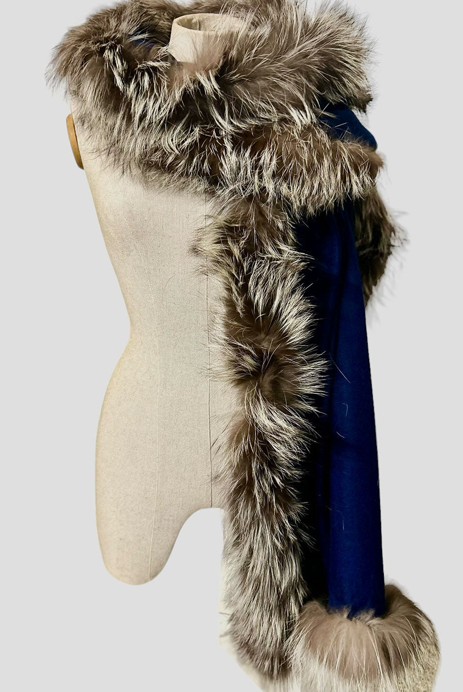 Cashmere and reworked fur trim shawl wrap